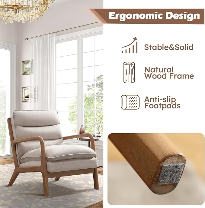 Mid Century Modern Accent Chair, Upholstered Lounge Armchair with Plump Back Pillow, Comfy Reading Chair with Solid Wood Frame for Bedroom Living Room Set of 2, Beige