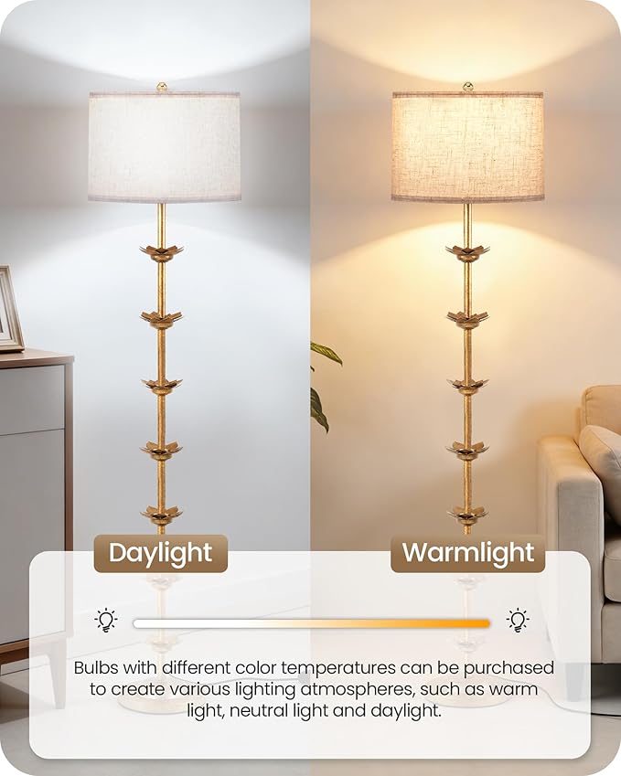 63.8” Floor Lamp with Landen Leaf, Antique Gold Standing Lamp with Foot Switch, Metal, Beige Linen Drum-Shaped Shade, Bulb Not Included, for Bedroom, Living Room D20LD05