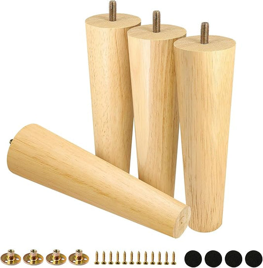 FoDau770 Rubber Wood Furniture Legs 8 Inches, Straight Tapered Wood Feet Mid Century Sofa Legs Set of 4, 5/16" UNC Furniture Feet Replacement Parts for Cabinet Couch Dresser Chair Ottoman Table