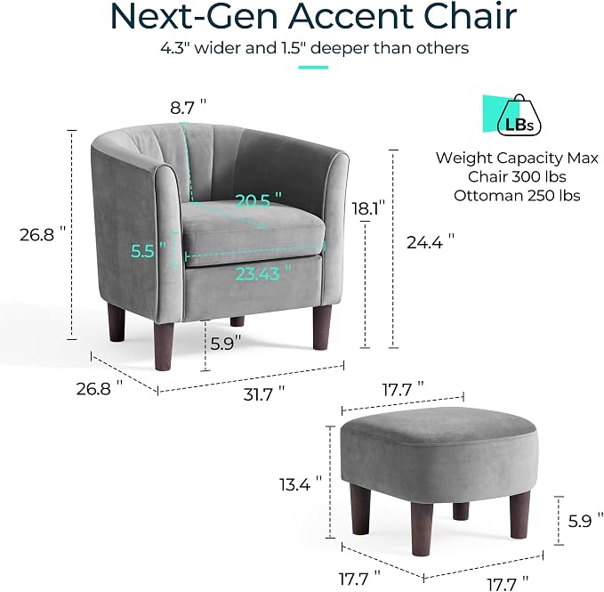 LINSY Accent Chair with Ottoman, Modern Armchair Comfy Barrel Reading Chair with Footrest for Living Room Bedroom Reading Room, Velvet, Light Grey