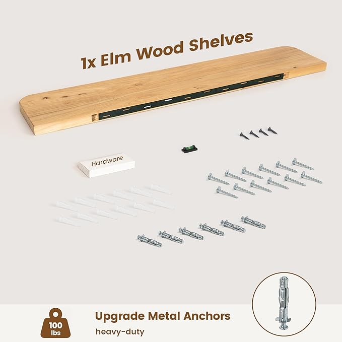 Reclaimed Elm Wood Floating Shelves for Wall Round Edge, 48"W x 9.2"D x 1.37"H, Set of 1 with Invisible Bracket, Wall Mounted Shelves for Living Room Bedroom Kitchen Bathroom Decor, Natural Finish