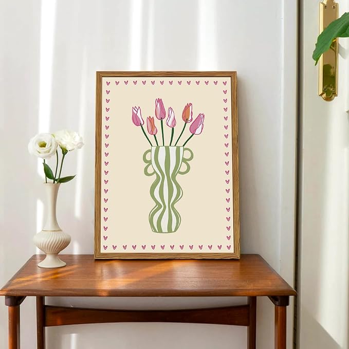 Framed Boho Floral Canvas Wall Art Set of 3, Pink Tulip Flower Paintings Wall Decor, Abstract Botanical Pictures Prints Minimalist Home Decor Aesthetic for Living Room Bedroom Office 12×16 inch