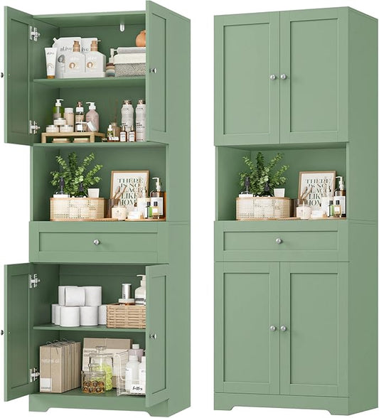 Tall Bathroom Storage Cabinets with Drawer, Modern Linen Cabinet with Doors & Shelves, 67"H Tall Storage Cabinet Freestanding for Bathroom, Dining Room, Kitchen & Pantry, Laundry, Narrow Corner, Green