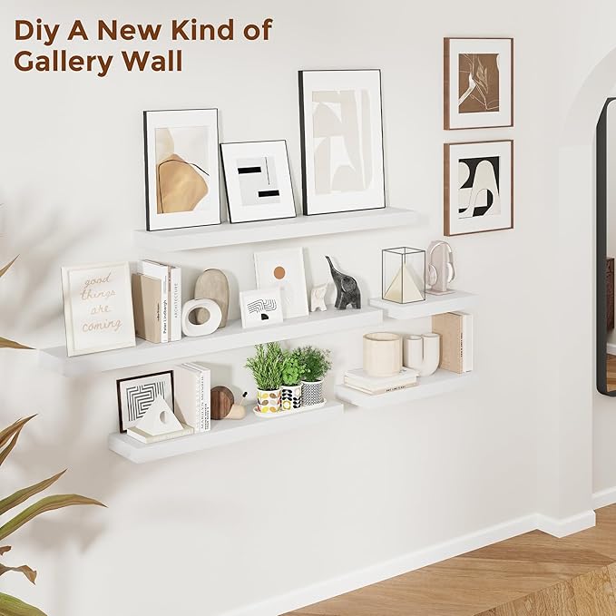 Heimlove 48 Inch Floating Shelves for Wall 8 Inch Deep White Shelves Set of 2,Wall Mounted Rustic Wood Long Floating Shelf，Large Display & Storage Shelf with Invisible Brackets