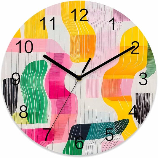 Impressionist Style Wall Clock Battery Operated Non-Ticking 10" Round Wood Clocks, Abstract Colorful Line Color Block Kitchen Wall Clock for School Bathroom Living Room Home Office Wall Decor