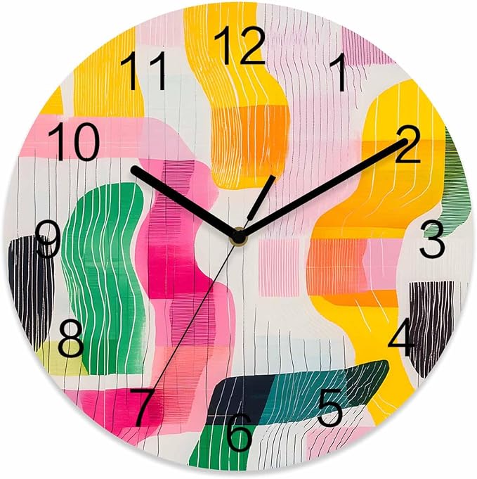 Impressionist Style Wall Clock Battery Operated Non-Ticking 12" Round Wood Clocks, Abstract Colorful Line Color Block Kitchen Wall Clock for School Bathroom Living Room Home Office Wall Decor