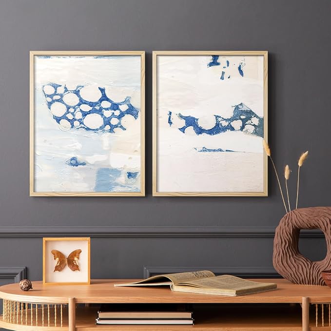 Renditions Gallery Set of 2 Peel & Stick Framed Prints, Textured Abstract Wall Art, White Blue Bubble Like Pattern Wall Decor, Re-Stickable - Ready to Hang - 22"x28" - NATURAL WOOD Frame LT588