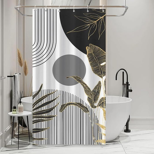 Mid Century Boho Shower Curtain, Abstract Modern Sun Minimalist Aesthetic Shower Curtain, Bohemian Geometric Arch Curve Leaves Neutral Art Fabric Bathroom Curtains Black 36x72 inch