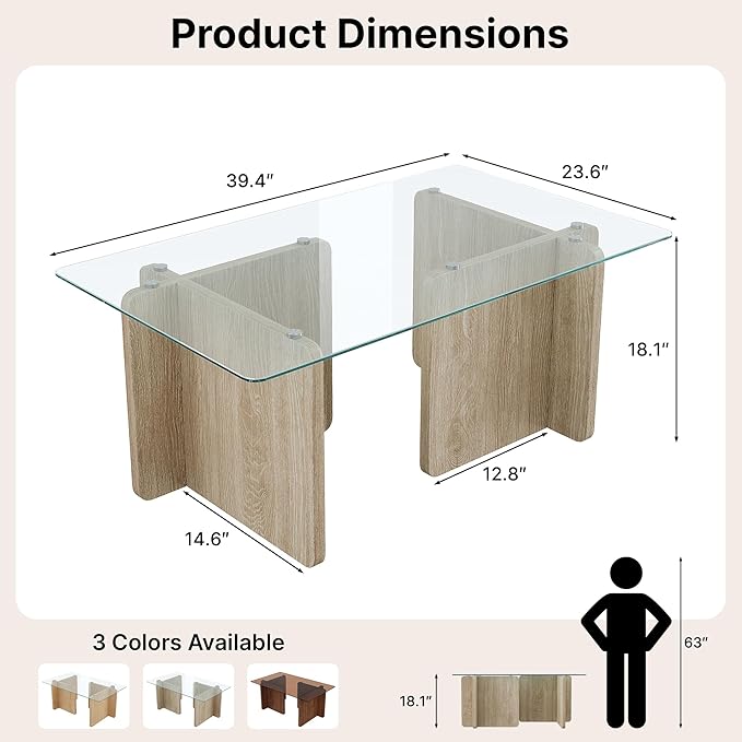 Modern Glass Coffee Table, 39.4 Inches Rectangular Center Tables for Living Room, Coffee Table with Wood Cross Base Easy Assembly Oak