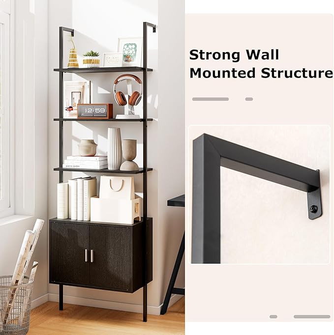Giantex 72.5" Ladder Bookshelf with Cabinet Set of 2, 5-Tier Tall Wall-Mounted Shelf w/Storage, Modern Style Kitchen Open Shelving Organizer, Heavy-Duty Metal Frame Display Rack for Living Room,Black