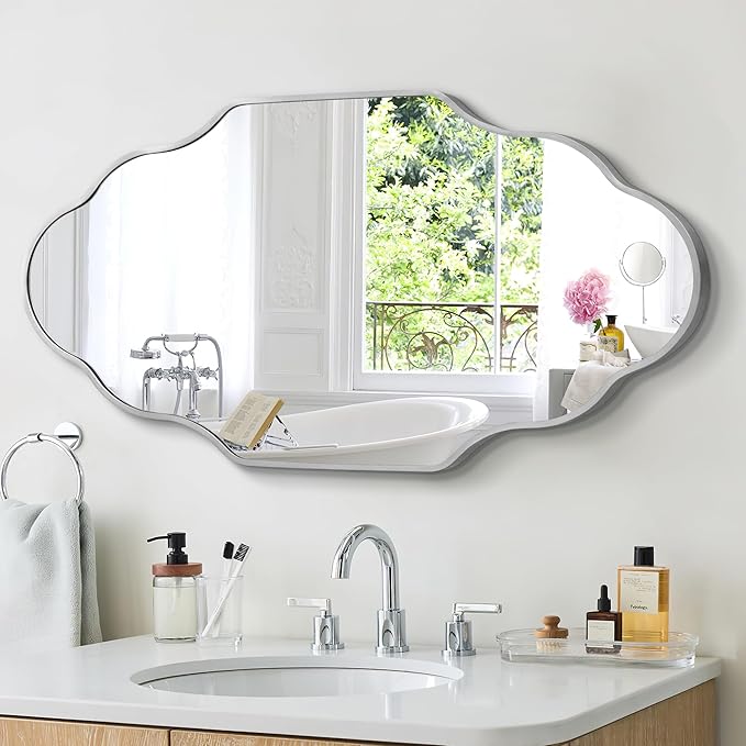 Scalloped Mirror for Bathroom - 20"x36" Silver Bathroom Mirror with Aviation Aluminum Alloy Frame & Shatter-Proof Glass for Living Room Bedroom Entryway, Brushed Silver Frame
