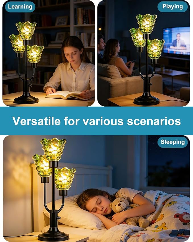 Lightdot Vintage Mid Century Modern Table Lamp Dimmable Nightstand Lamp Black Desk Lamp Green Glass 3 Bulbs Included Warmwhite Ambient Bedside Lamp for Living Room Bedroom Home Office Decor Gift