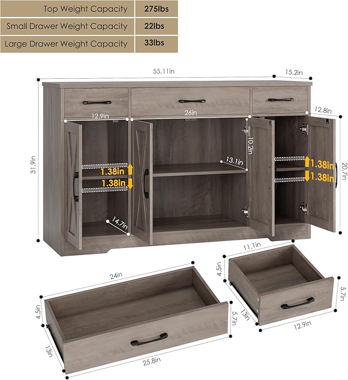 HOSTACK Buffet Sideboard Cabinet with Drawers, 55" Large Buffet Storage Cabinet with Shelves and Doors, Modern Farmhouse Coffee Bar Station for Kitchen, Dining Room, Ash Grey