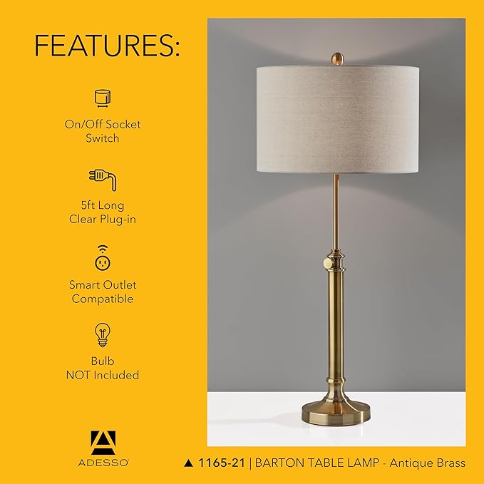 Adesso Antique Brass Table Lamp with Oatmeal Linen Shade – Adjustable Height Accent Light for Bedroom, Living Room, or Home Office, up to 34” Tall