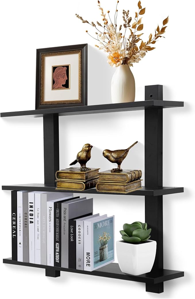 PHOENANCEE 3 Tier Floating Shelves,Long Wall Shelf,Over The Toilet Shelves Bathroom Hanging Display Storage Rustic for Living Room Bedroom Kitchen Office Coffee Bar Decor Decorative,24 Inch,(Black)