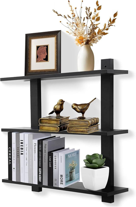 PHOENANCEE 3 Tier Floating Shelves,Long Wall Shelf,Over The Toilet Shelves Bathroom Hanging Display Storage Rustic for Living Room Bedroom Kitchen Office Coffee Bar Decor Decorative,24 Inch,(Black)
