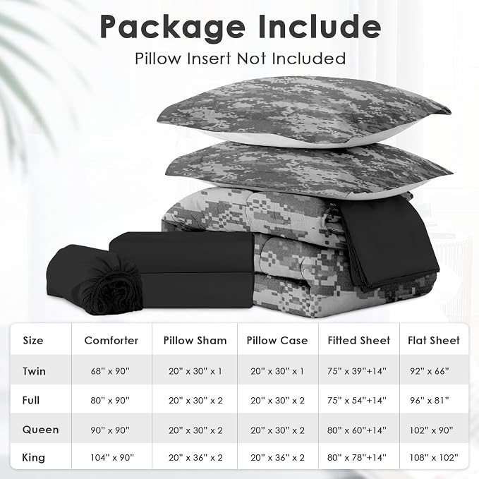 7Pcs Comforter Set Full Size, Gray Camouflage Digital Camo Army Military, Bedding Decor Navy Brown Us Black White Bedroom Bed Set Flat Sheet Fitted Sheet Pillowcases Shams for Kids Adults