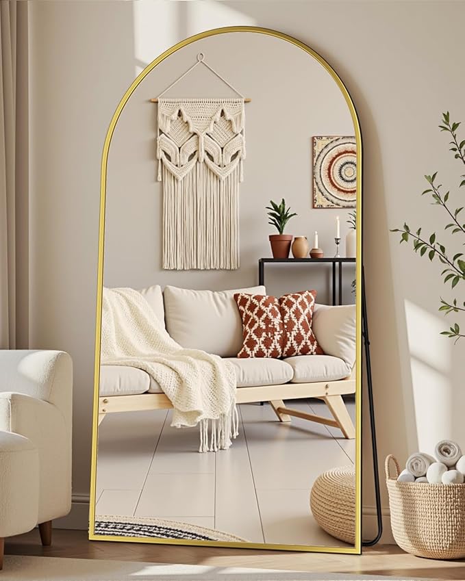 Full Length Mirror with Stand, 76"x44" Arched Full Body Mirror, Large Stand Up Mirrors, Aluminum Frame Floor Standing Mirrors, Freestanding Hanging Leaning Mounted for Bedroom Living Room, Gold