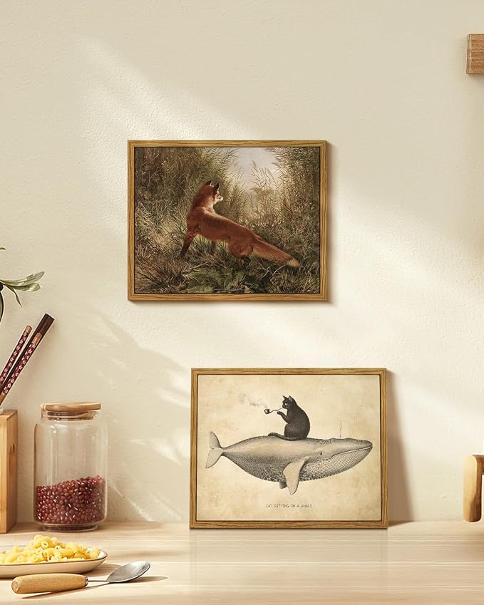InSimSea Cat Wall Art Framed Canvas for Living Room - Retro Maximalist Decor Eclectic Vintage Artwork Prints Home Room Wall Decor Abstract Gallery Picture Oil Painting Boho Bedroom Office 8x10In