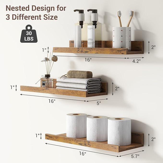 Axeman Picture Ledge Shelf | 16 Inch Brown Floating Shelves Set of 3 | Rustic Brown Wood Wall Shelves with Lip | 16" Picture Shelf for Wall with Ledge | Photo Shelves
