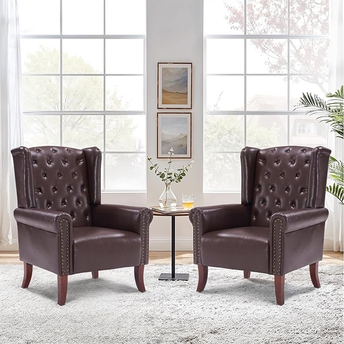 Modern Accent Chair Set of 2, Mid-Century Faux Leather Armchair Upholstered Club Sofa Chair with Wooden Legs, High Back Living Room Chair for Bedroom, Office, Lounge (Caramel)