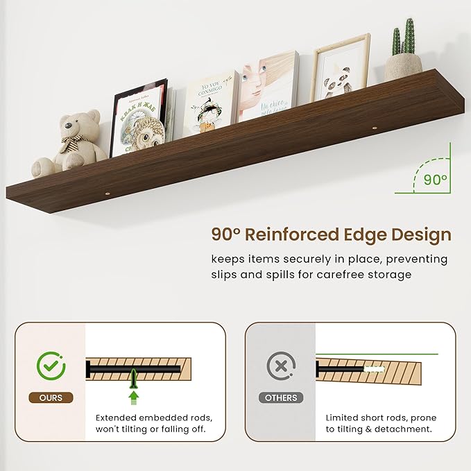 72in Floating Shelves for Wall, 72"W x 9.25"D x 1.5"H, Long Wall Mounted Engineered Wood Shelves with Invisible Brackets for Living Room, Bedroom, Bathroom, Kitchen Decor and Storage, Walnut