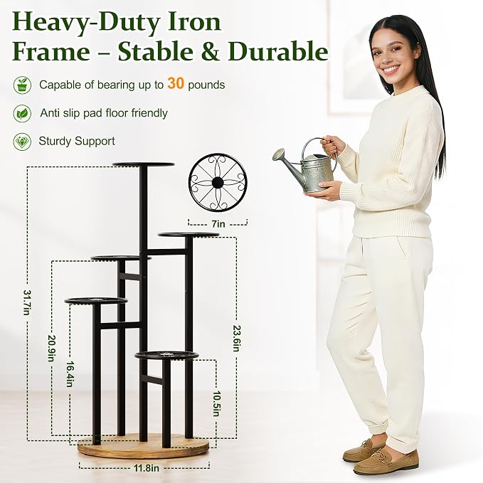 Metal Black Plant Stand Indoor Outdoor,5 Tier Tall Flower Pot Holder Potted Display Rack Shelf, Heavy Duty Plant Shelf for Patio Garden Balcony Living Room Bedroom - BlackS