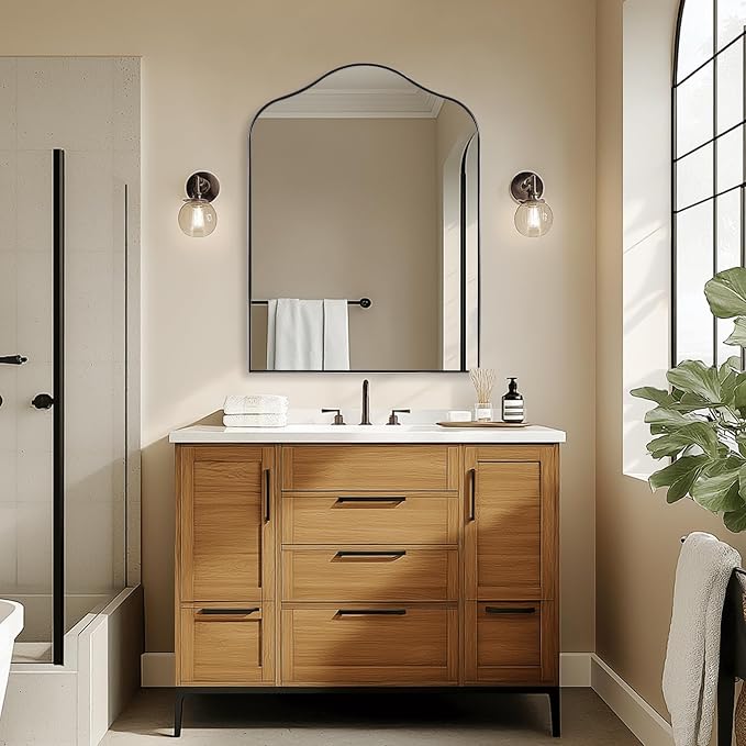 ANDY STAR Scalloped Arched Mirror, 30x40 Polished Chrome Irregular Bathroom Mirror for Vanity, Asymmetrical Curved Top with Rustproof Stainless Steel Frame, for Entryway, Bedroom, Mantel, Fireplace