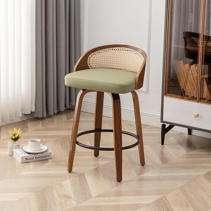 30" Swivel Rattan Bar Stools Set of 2 Mid-Century Modern Faux Leather Upholstered Bar Height Stools Kitchen Island Barstool with Rattan Low Backrest,Walnut Wood Finish Bar Chairs,Green PU