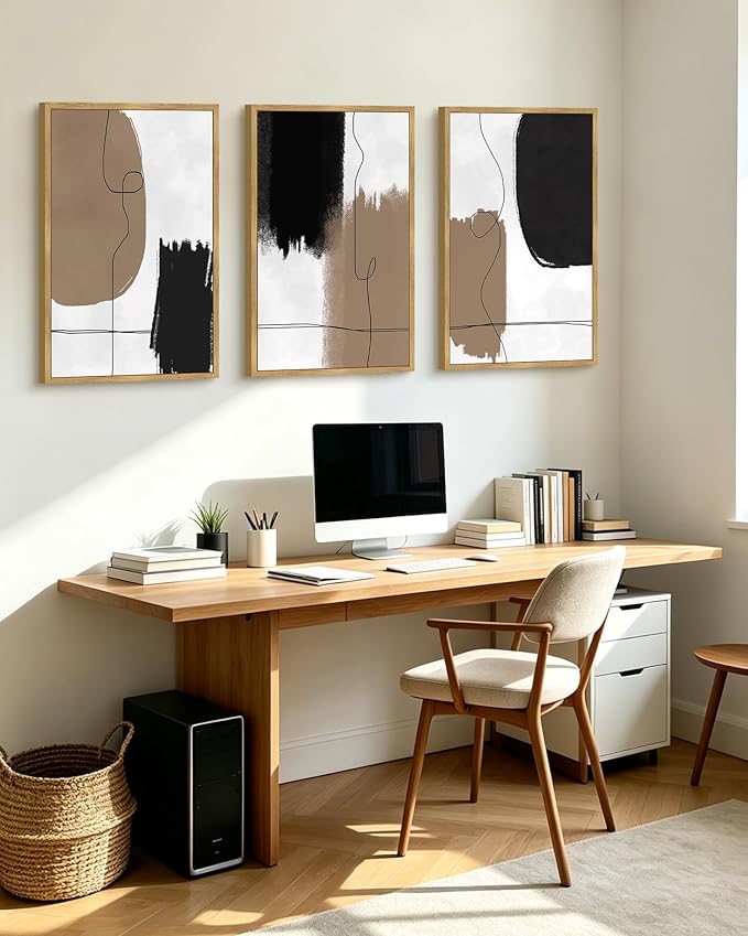KUVIOKE Neutral Abstract Framed Wall Art Beige Mid Century Textured Wall Decor Minimalist Line Modern Illustrations Art Print Home Decor 24x36in (Natural Framed)