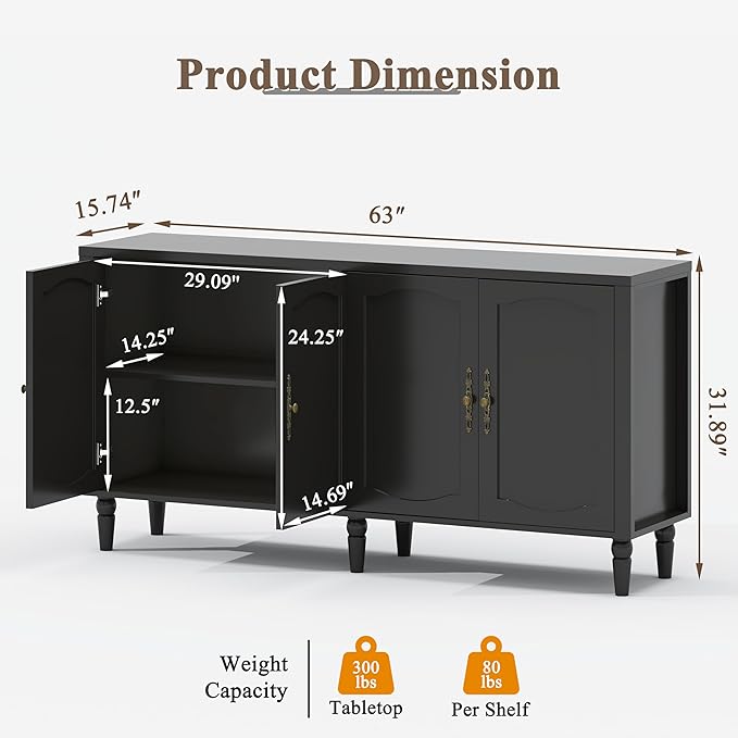 63" Sideboard Buffet Cabinet with Storage, Mid Century Modern Credenza with Adjustable Shelves & Carved Handles, Large Kitchen Buffet Table Coffee Bar for Dining Room & Living Room - Black