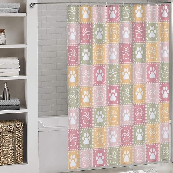 Paw Shower Curtain Cartoon Animal Colorful Checkered Footprints Pattern Duty Fabric Shower Curtains Set Bathroom Polyester Waterproof with 12 Hooks, 55x72Inch（140x183cm）