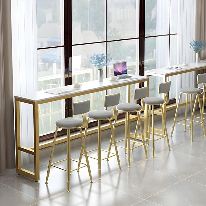 RUNNUP Narrow Bar Table, Industrial Dining Room Bar Table, Marble Top Counter Height Table with Sturdy Metal Frame for Kitchen Bistro Pub, Gold 55" L x 16" W x 41.5" H Without Chairs