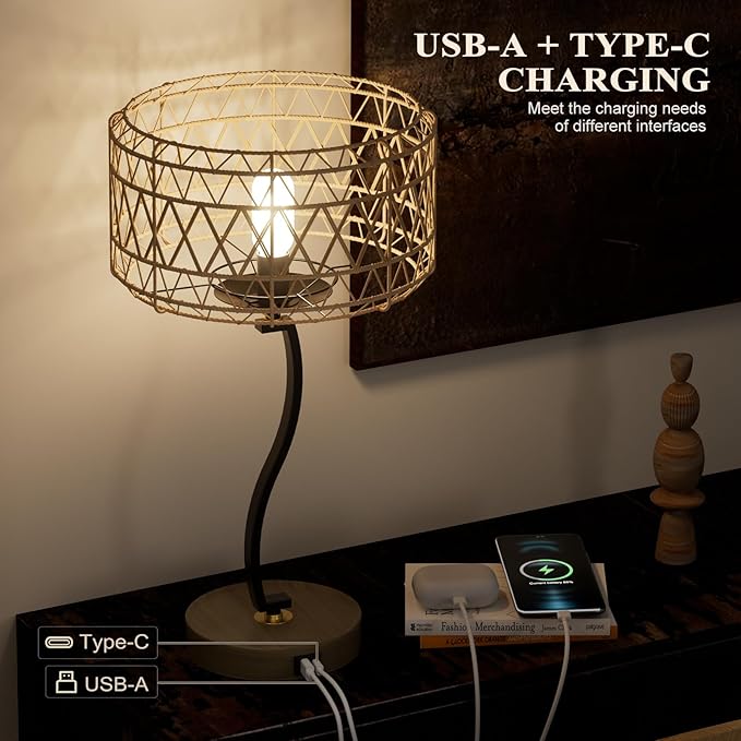 N11-2 Large Rattan Boho Table Lamp, 23" Bohemian Decor Light with USB-A & Type-C Charging Ports, Touch Control 3-Way Dimmable Farmhouse Lamp for Nightstand, Bedroom, Living Room(Bulb Included)