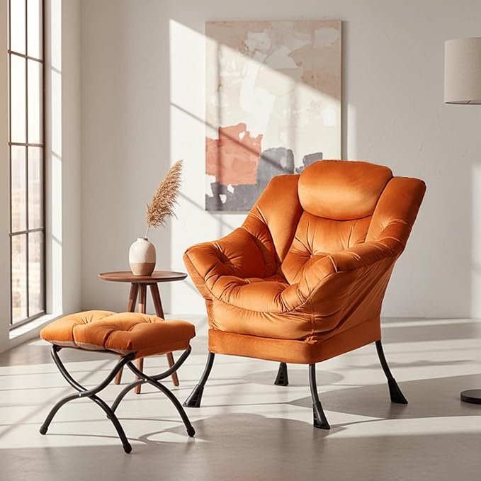 Tiita Lazy Chair with Ottoman, Orange Modern Large Accent Armchair, Comfy Leisure Sofa Reading Chair with Footrest for Bedroom, Living Room, Dorm Rooms, Garden, Velvet Orange