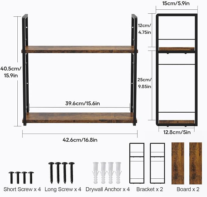 2-Layer Wall Bookshelf for Book Storage, Floating Book Shelves for Wall, Space Saver, 16in Stud Hanging Books helf, Bedside Shelf for Living Room Bedroom Office, 2 Packs-Dark Brown