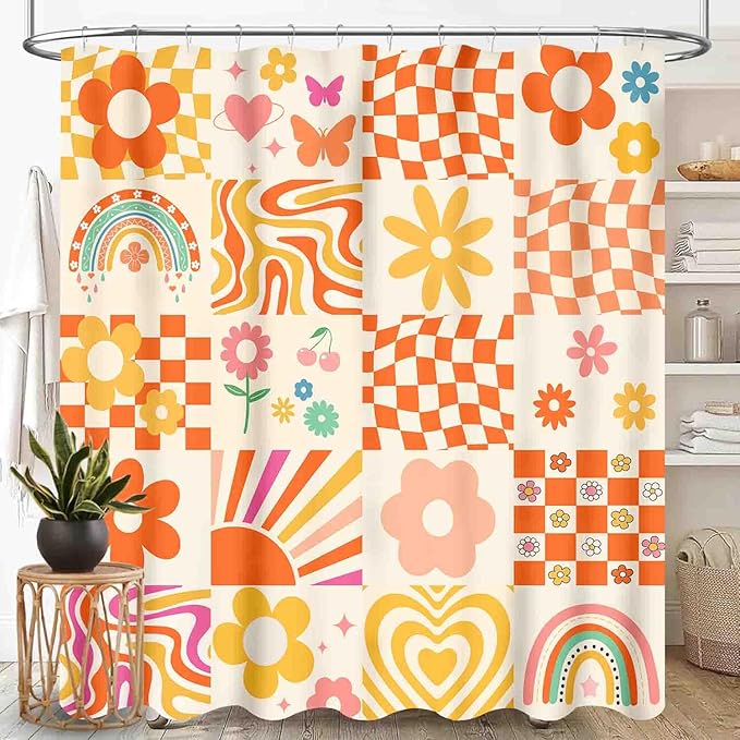 70s Shower Curtain, Vintage Retro Orange Daisy Floral Hippie Groovy Cute Rainbow Swirl Checkered Aesthetic Boho Funky Trippy Waterproof Fabric Bath Shower Curtain Set with Hooks, 72"x78" Inch