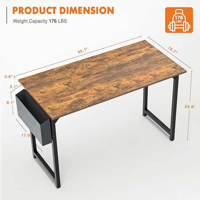 Sweetcrispy Computer Office Desk 55 Inch Student Study Writing Work with Metal Frame Wood Tabletop Modern Simple PC Home Bedroom Table, Rustic Brown, Compact Sturdy Desk for Laptop, Study, Gaming