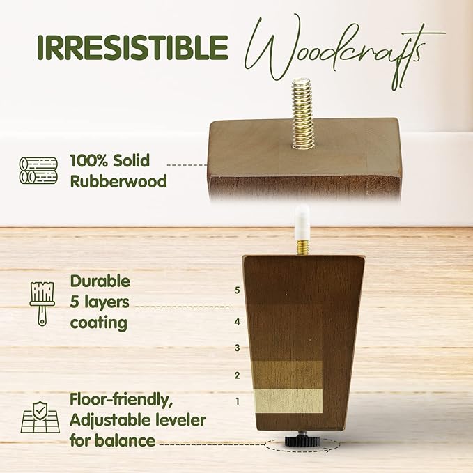 Yes4All 4-Inch Square Wooden Furniture Legs Set of 4, Brown Mid-Century Modern Feet for Sofa, Ottoman, Bench, Dresser, and Table Risers with Adjustable Levelers for Stability and Floor Protection