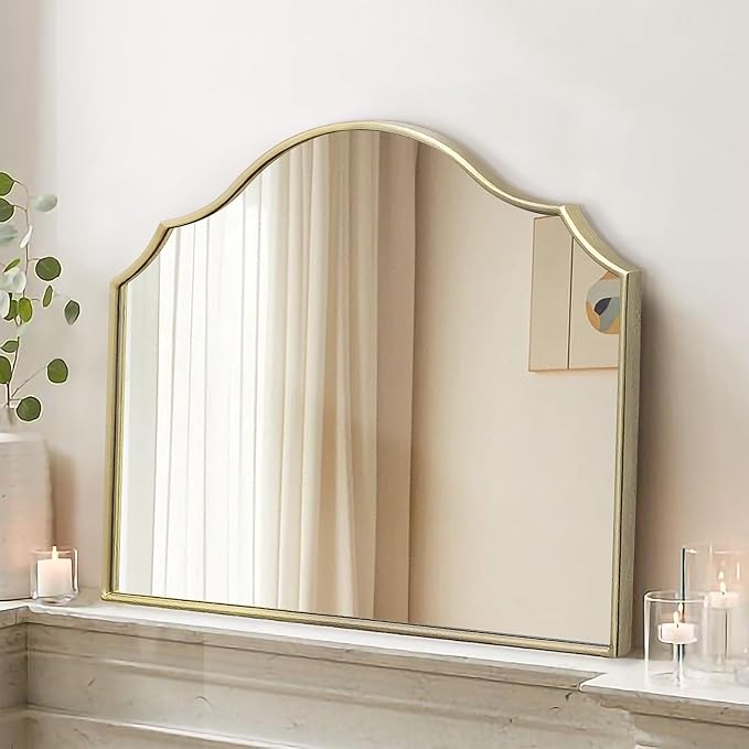 Besdomus Gold Scalloped Mirror for Vanity: 32"x24" Modern Minimalist Wooden Bathroom Mirror - Decorative Dresser Wall for Mantel/Bedroom/Entryway/Hallway - Ideal for 20-55 Age Fashion Women