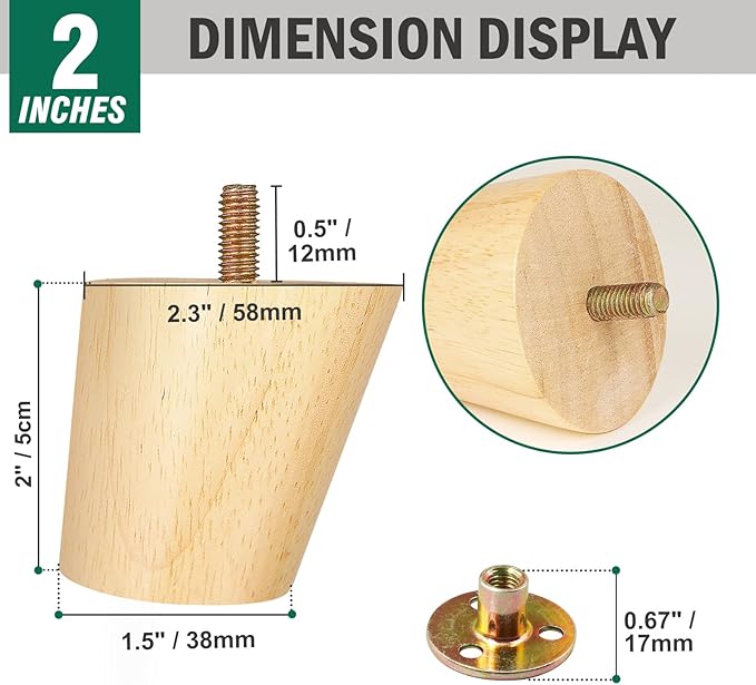 FoDau770 Rubber Wood Furniture Legs 2 Inches, Slant Tapered Wood Feet Mid Century Sofa Legs Set of 8, 5/16" UNC Furniture Feet Replacement Parts for Cabinet Couch Dresser Chair Ottoman Table