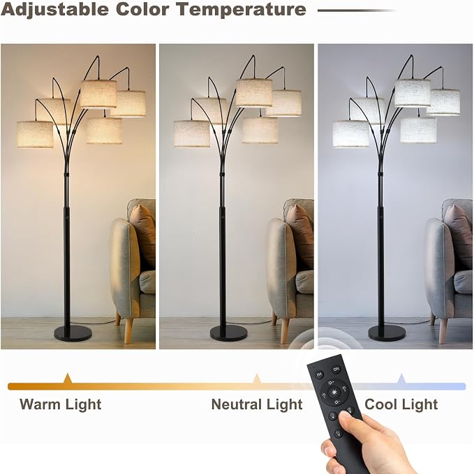 Floor Lamps for Living Room, 4000LM Super Bright Arc Floor Lamp with Remote Control, 5 Light Tall Floor Lamps with Stepless Dimmable, 80" Mid Century Tree Floor Lamp for Bedroom, Office