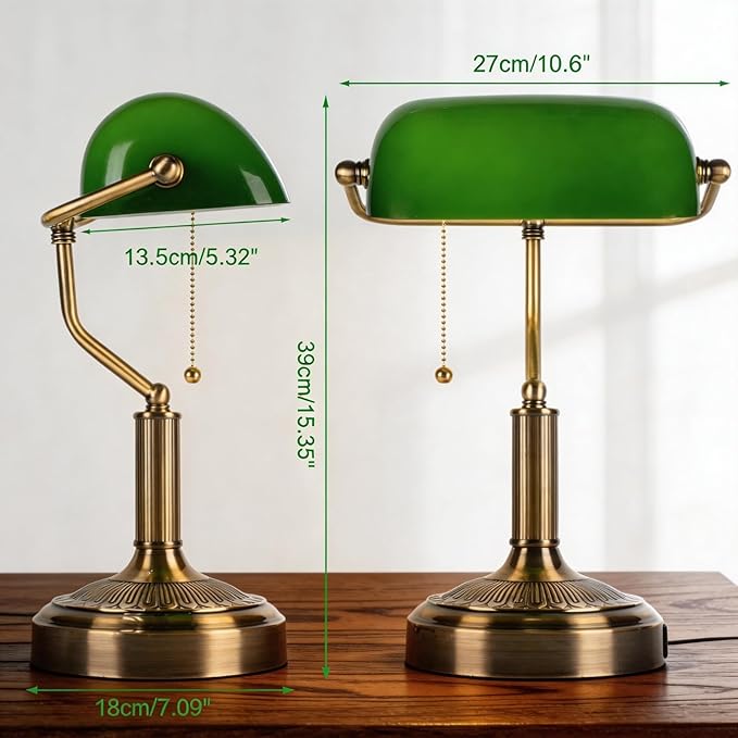 Vintage Bankers Lamp, Green Glass with Antique Brass Finish, USB & Type-C Charging Ports, Pull Chain Desk Lamp for Home Office, Piano, Library (Green)