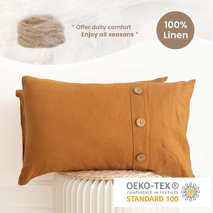 Simple&Opulence 100% Linen Lumbar Pillow Cover 12 x 20 Inch Set of 2 Rectangular Decorative Pillow Cover with Vintage Triple Coconut Button for Couch Sofa Bed Living Room Office Décor - Rust