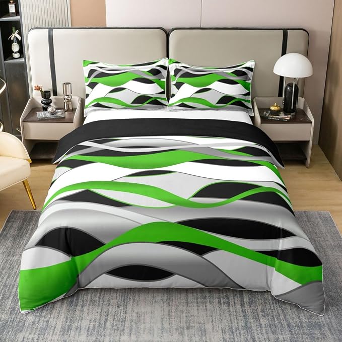 Erosebridal Geometric Stripes 100% Cotton Duvet Cover Full Modern Abstract Boho Bedding Set for Kids Teens Adults Grey Black Green Comforter Cover Simple Spiral Lines Bed Set 3 Pcs