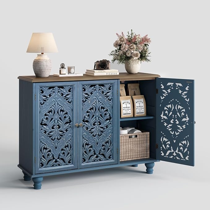 JOINICE Accent Cabinet with 3 Carved Doors, Distressed Sideboard Buffet with Storage & Solid Wood Legs, 43" Vintage Console Table for Living Room,Entryway,Coffee Bar,Hallway(Blue & Walnut)