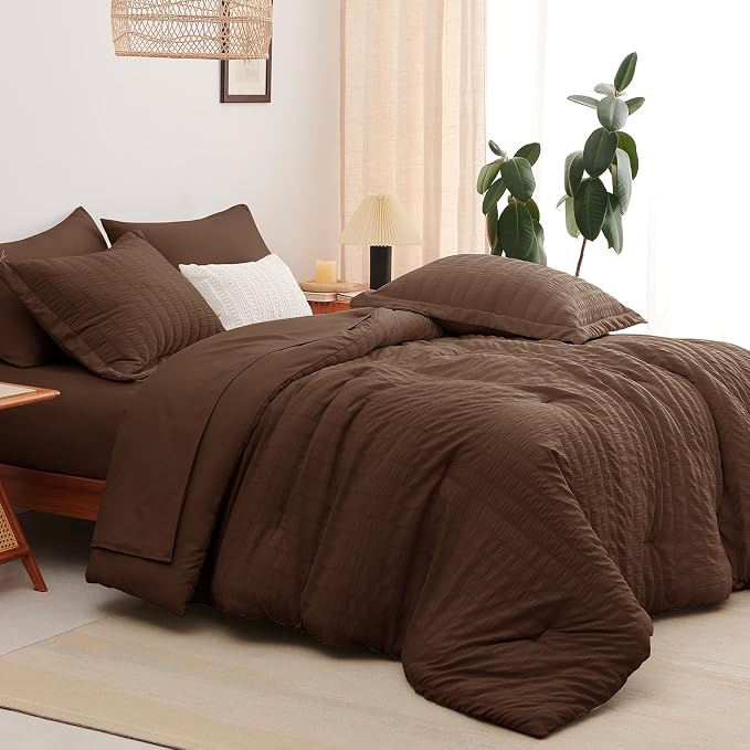 CozyLux Twin Comforter Set with Sheets 5 Pieces, Brown Seersucker Luxury Textured Bed in a Bag, All Season Soft Bedding Sets with Down Alternative Comforter, Sheets, Pillowcase & Sham, Home Gift
