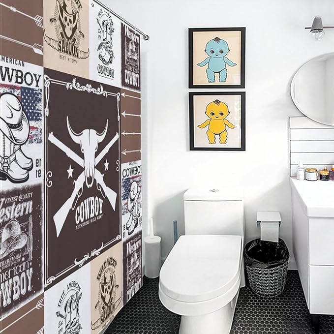 Vintage Cowboy Western Country Shower Curtain,Bull Head Boots Arrow Patchwork Design Waterproof Shower Curtains for Bathroom Decor 12 Pack Hooks 72x72in (183x183cm)