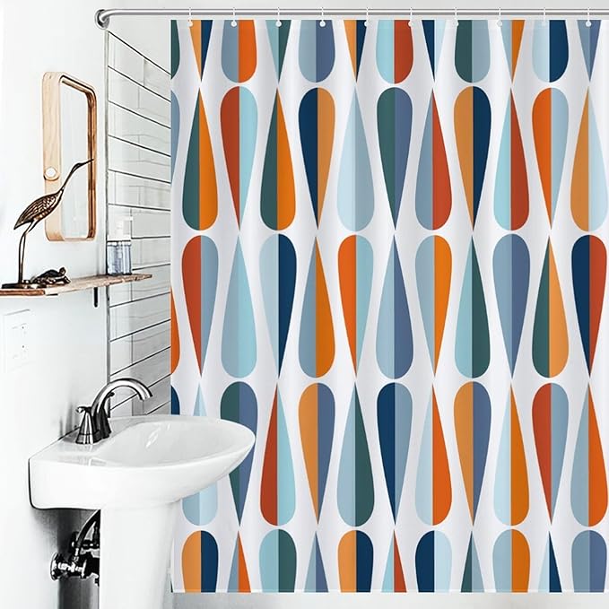 Mid Century Shower Curtain for Bathroom, Retro Modern Drop Shapes in Tones Abstract Geometric Pattern Blue 1950s 1960s Waterproof Fabric Shower Curtain Set with Hooks, 72"x72"