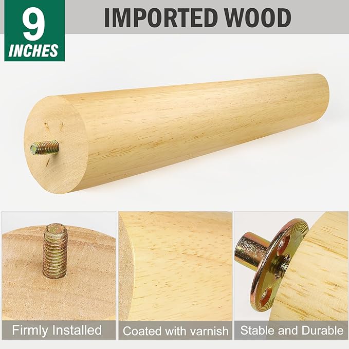 FoDau770 Rubber Wood Furniture Legs 9 Inches, Slant Tapered Wood Feet Mid Century Sofa Legs Set of 4, 5/16" UNC Furniture Feet Replacement Parts for Cabinet Couch Dresser Chair Ottoman Table